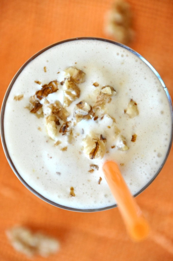Close up shot of the top of our Honey and Walnut Spiced Protein Shake recipe