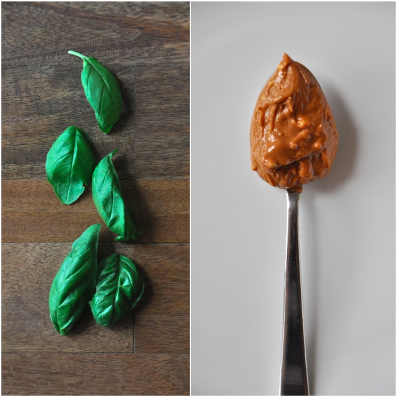 Fresh basil and a spoonful of peanut butter for making a delicious vegan sandwich