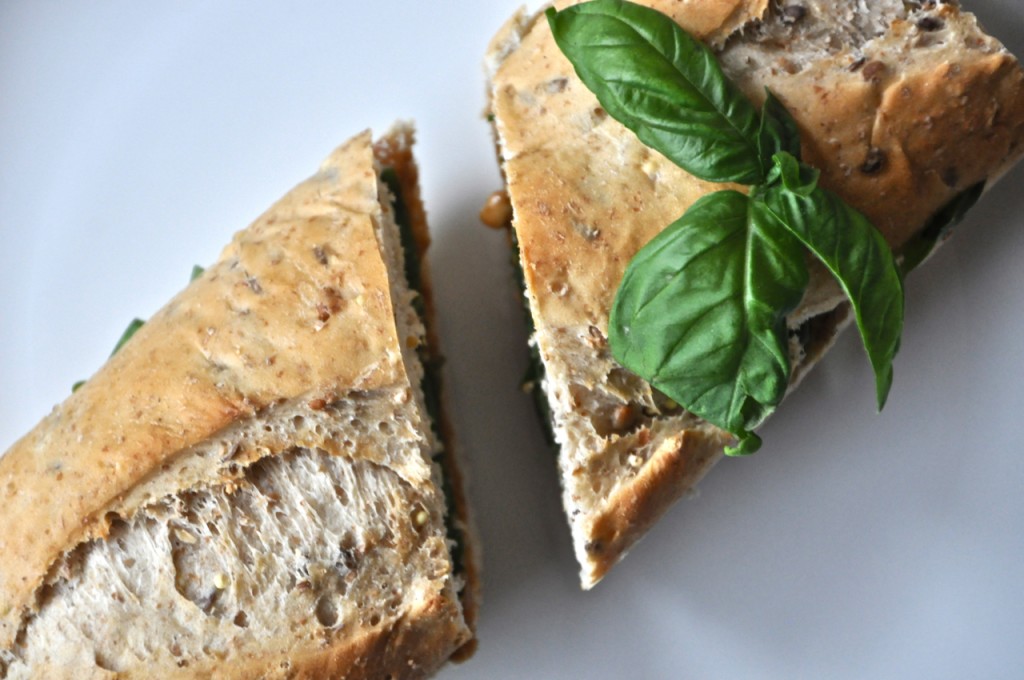 Plate with a Basil and Peanut Butter Sandwich on top