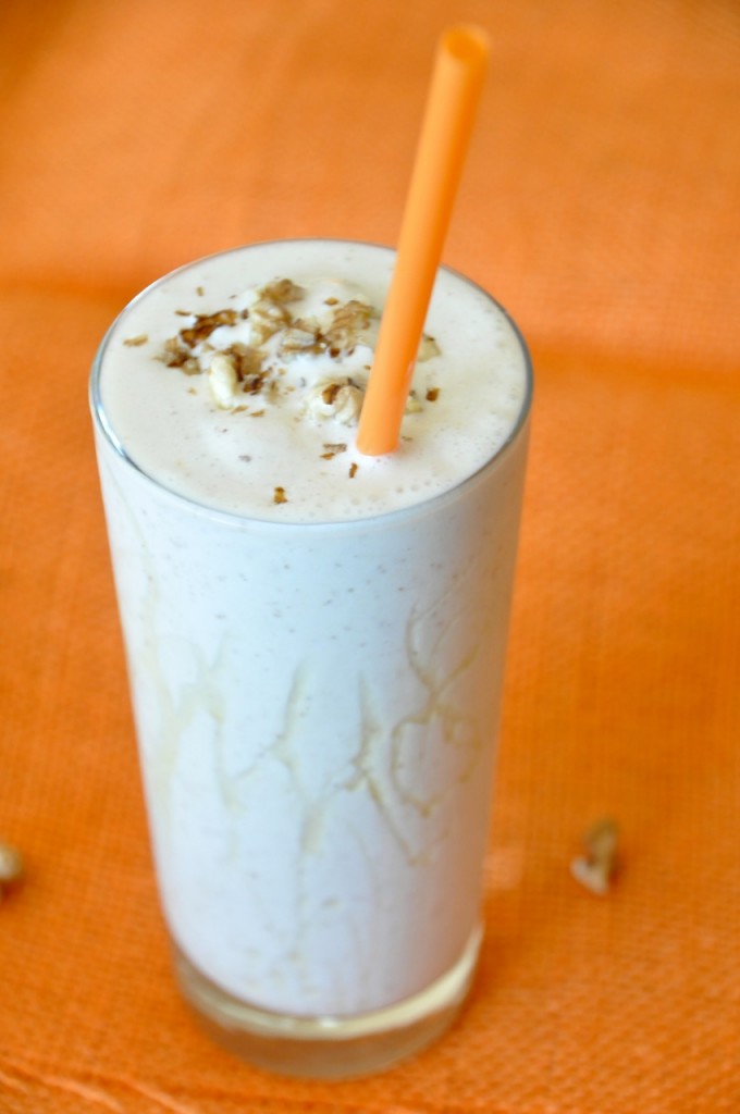 Tall glass of our Honey and Walnut Spiced Protein Shake recipe