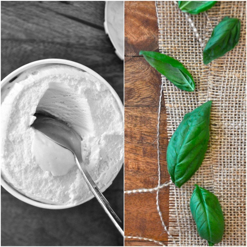 Vanilla ice cream and fresh basil leaves for making a simple and delicious milkshake