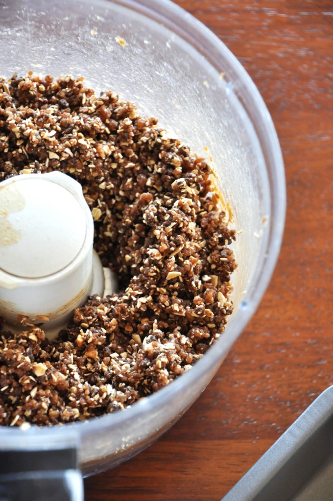 Food processor with freshly pulsed dough for our No-Bake Cookie Bars recipe