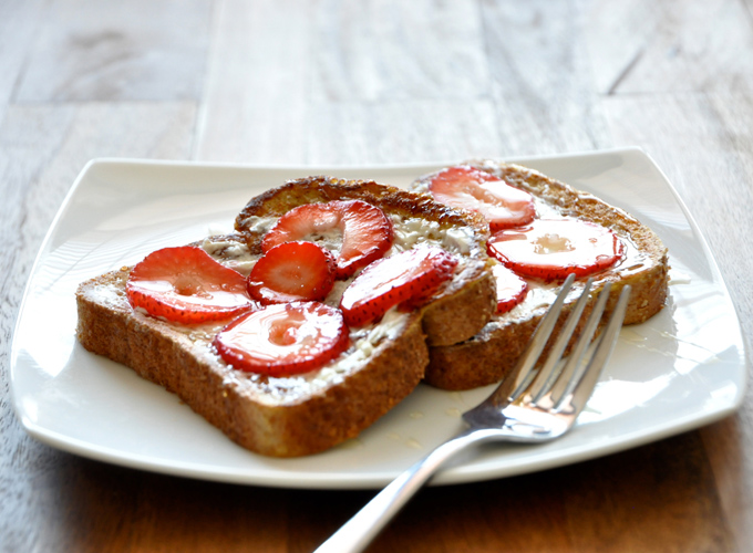 Plate with two slices of our Strawberry Danish French Toast recipe