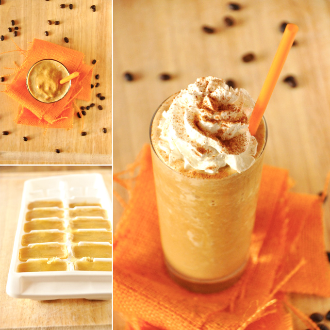 Pumpkin ice cubes and homemade Pumpkin Frappuccinos with and without whipped cream