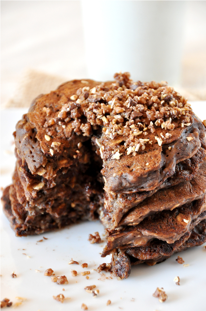 Stack of No-Bake Cookie Pancakes with a slice removed
