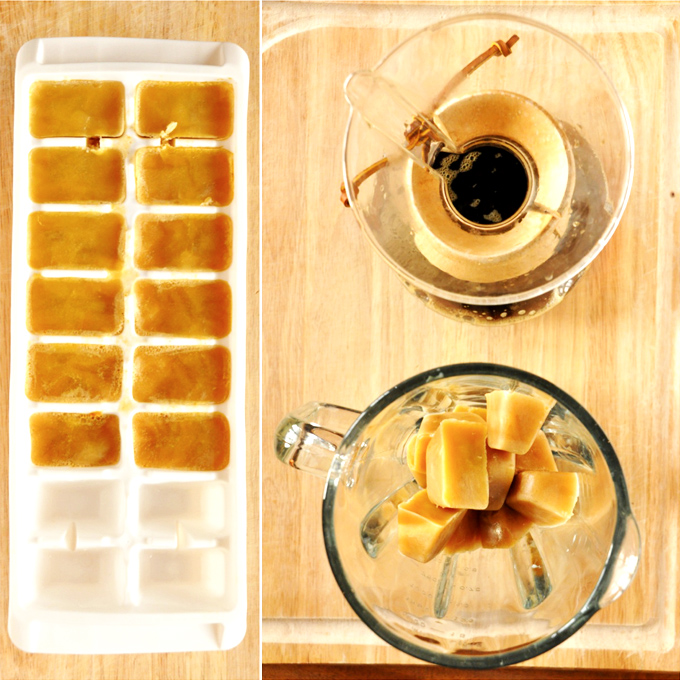 Ice cube tray with pumpkin milk ice cubes and coffee for making homemade Pumpkin Frappuccinos