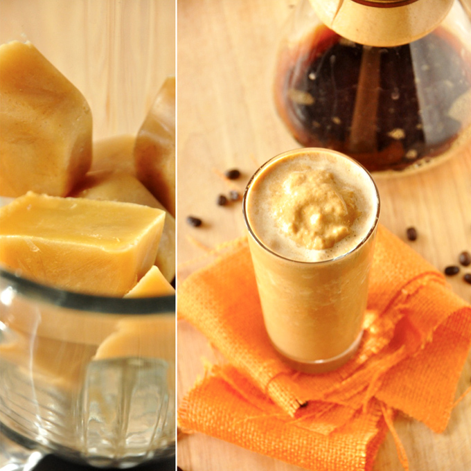 Pumpkin milk ice cubes and a tall glass of our delicious homemade Pumpkin Frappuccino recipe
