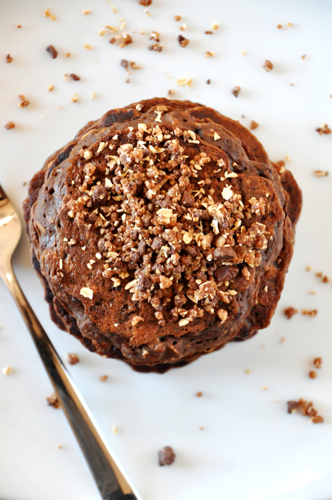 Top down shot of a stack of our delicious No-Bake Cookie Pancakes recipe