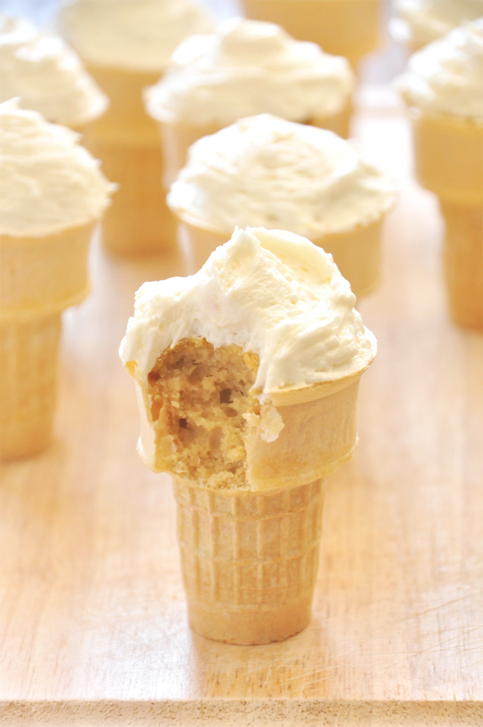 Showing the inside of an ice cream cone with a Vegan Peach Cupcake inside