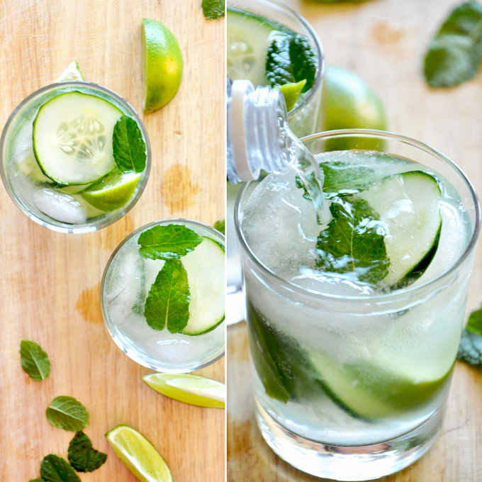 Glasses of our Cucumber Cooler Cocktails made with mint, cucumbers, and fresh lime