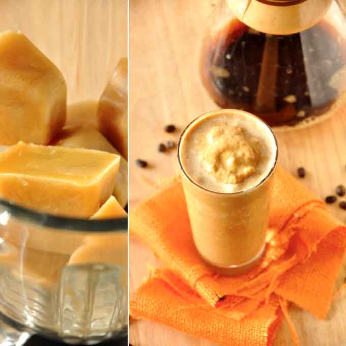 Blender and glass filled with our delicious homemade Pumpkin Frappuccino recipe