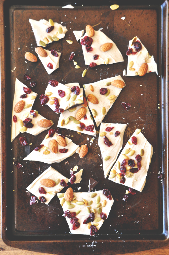 pumpkin bark! Baking sheet filled with a batch of our Pumpkin Bark recipe