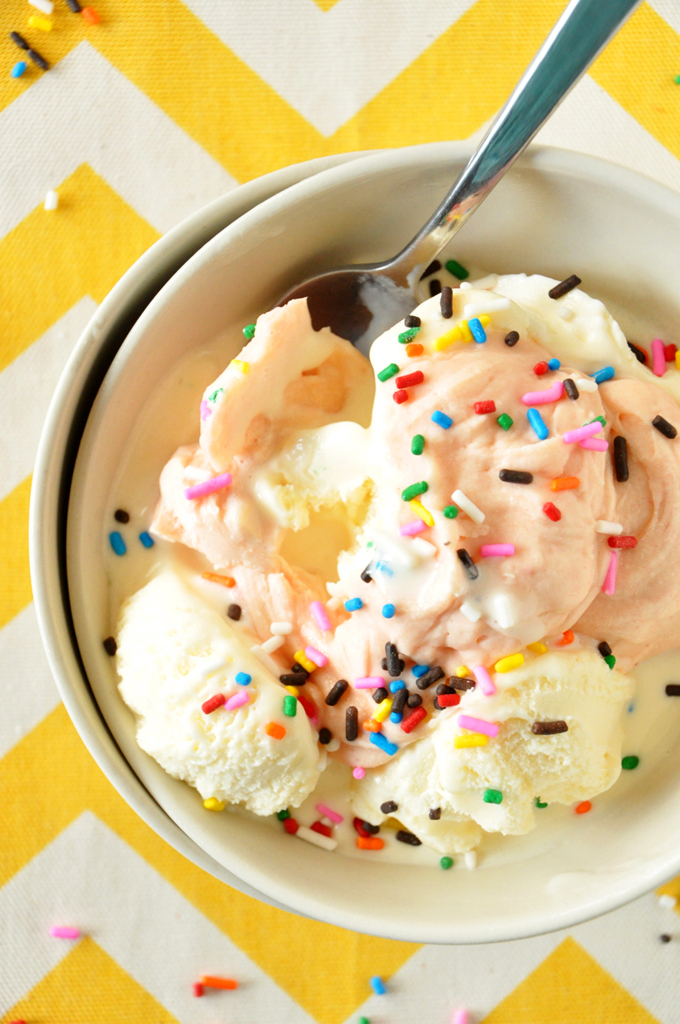 strawberry cake magic shell! - minimalist baker Big bowl of ice cream coated in Strawberry Cake Magic Shell and sprinkles