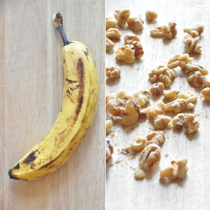 Banana and walnuts for making super simple Vegan Banana Nut Muffins