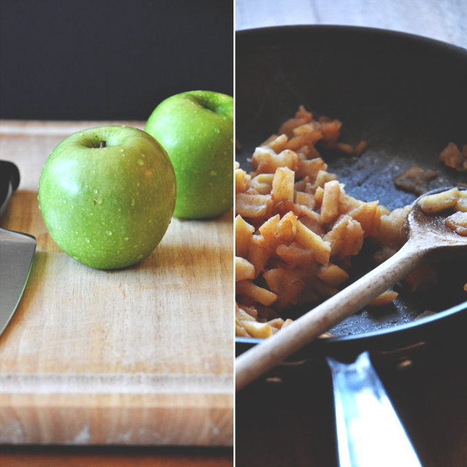 Pumpkin Apple Muffins Whole and cooked sliced apples for making Vegan Pumpkin Apple Muffins