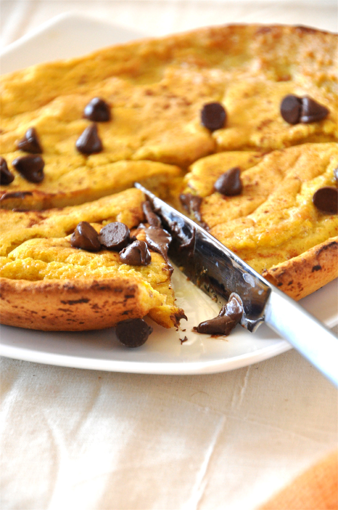Slicing into our Pumpkin Chocolate Chip Dutch Baby for an incredible breakfast