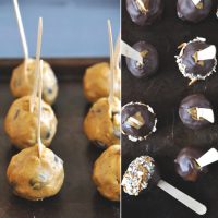 Baking sheets of Pumpkin Cookie Dough Pops with and without the chocolate layer