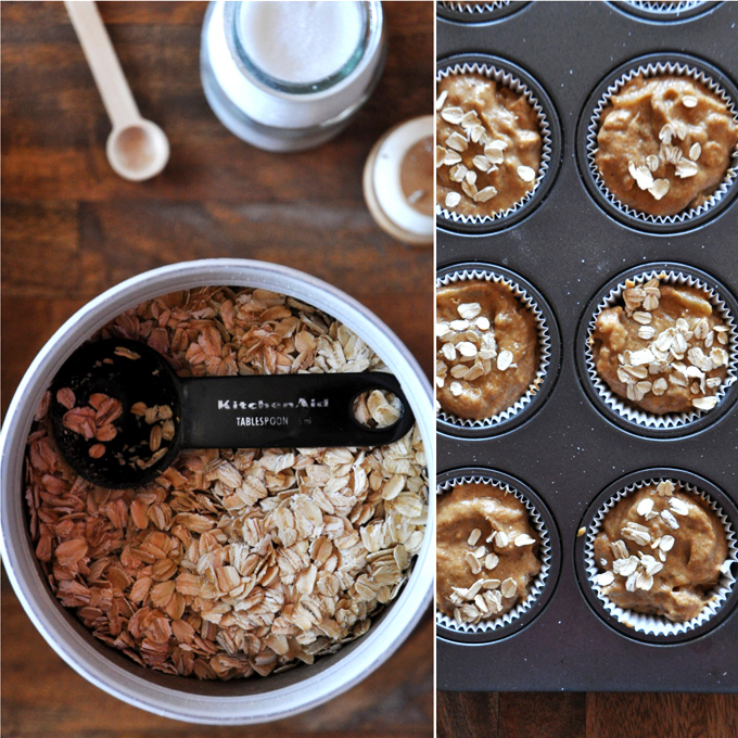 Vegan Apple Pumpkin Muffins! Muffin tin filled with Vegan Pumpkin Apple Muffins ready to be baked alongside ingredients for topping