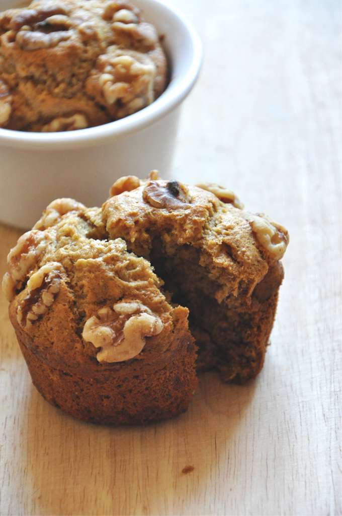 Close up shot of a batch of our Vegan Banana Nut Muffins for 2 recipe