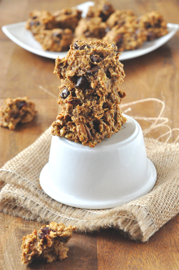Vegan Breakfast Cookies Stack of Vegan Everything Breakfast Cookies with a plate of cookies behind it
