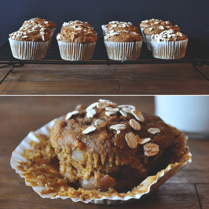 Vegan Pumpkin Apple Muffins! by Minimalist Baker Batch of Vegan Pumpkin Apple Muffins in parchment paper liners