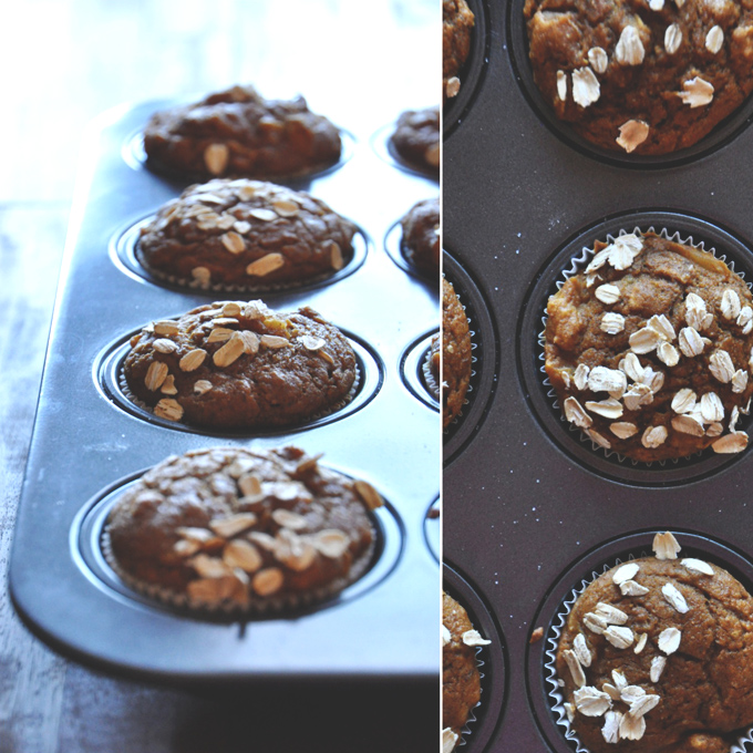 Vegan Pumpkin Apple Muffins!! by MinimalistBaker Muffin tin filled with freshly baked Vegan Pumpkin Apple Muffins