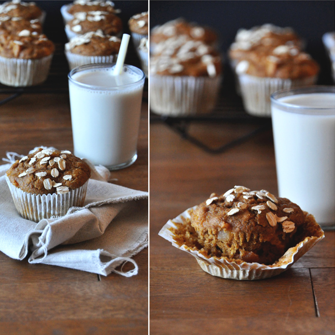 Vegan Pumpkin Apple Muffins!! Vegan Pumpkin Apple Muffins with a glass of almond milk for a delicious snack
