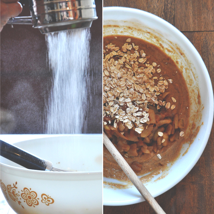 Vegan Pumpkin Apple Muffins Sifting flour into a bowl of Vegan Pumpkin Apple Muffin batter