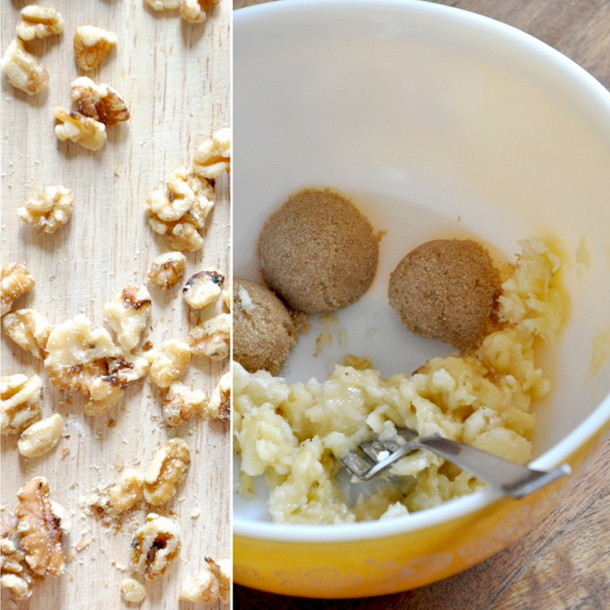 Walnuts and a bowl of ingredients for making Vegan Banana Nut Muffins for 2