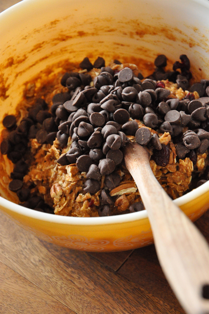 breakfast cookie dough Stirring chocolate chips into a bowl of our Vegan Everything Breakfast Cookie dough