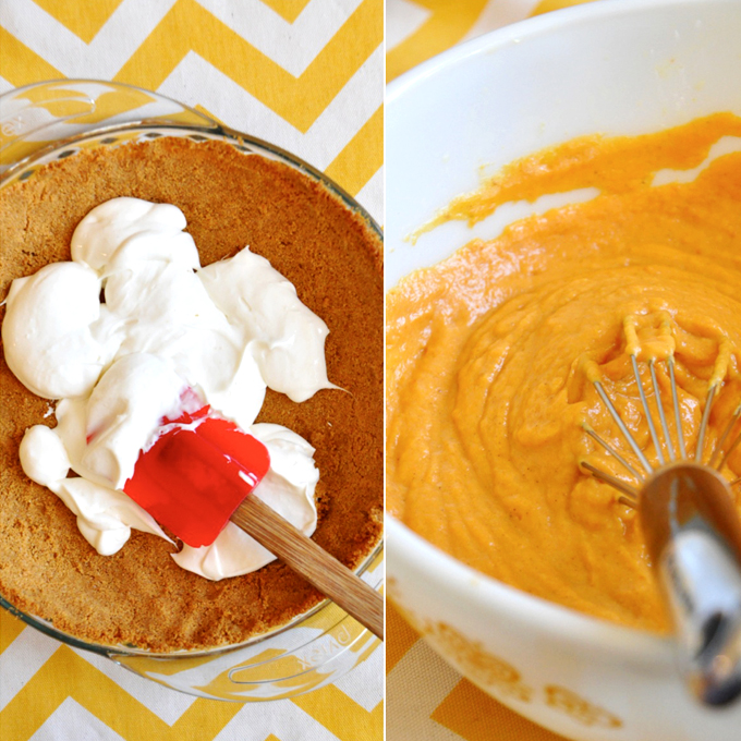 3-Layer Creamy Pumpkin Pie! Spreading filling for Creamy Pumpkin Pie over the crust