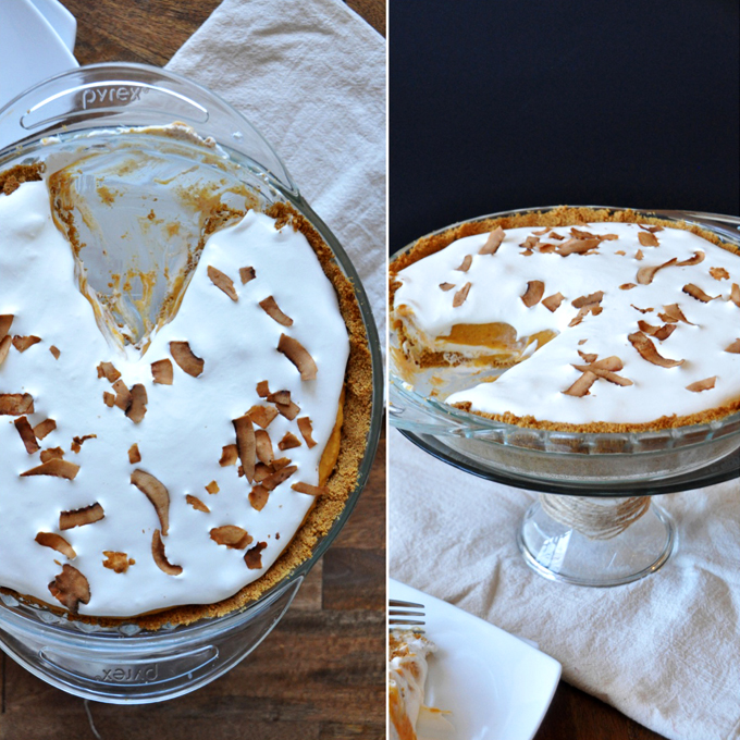 Creamy Pumpkin Pie || Minimalist Baker Dish of our Creamy Pumpkin Pie recipe topped with toasted coconut flakes