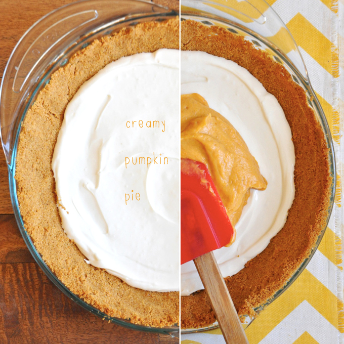 Creamy Pumpkin Pie minimalistbaker.com Dish of our Creamy Pumpkin Pie recipe showing before and after adding the pumpkin layer