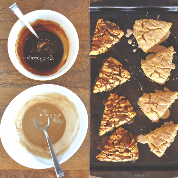 Bowls of maple and molasses glaze for drizzling over homemade Pumpkin Scones