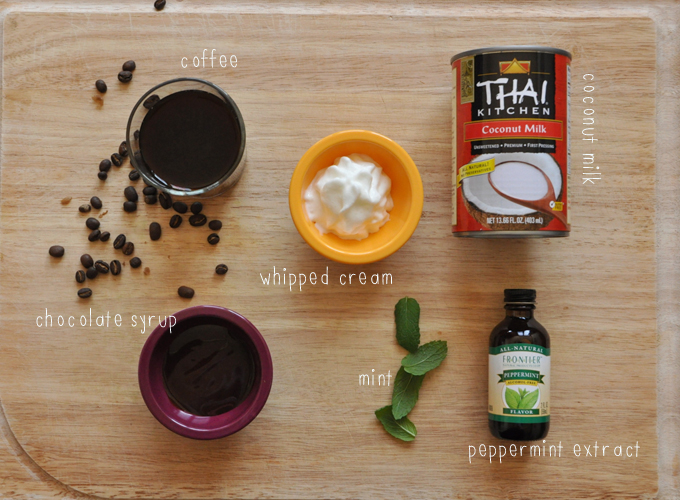 Cutting board with ingredients for making our homemade Peppermint Mocha Frappe recipe