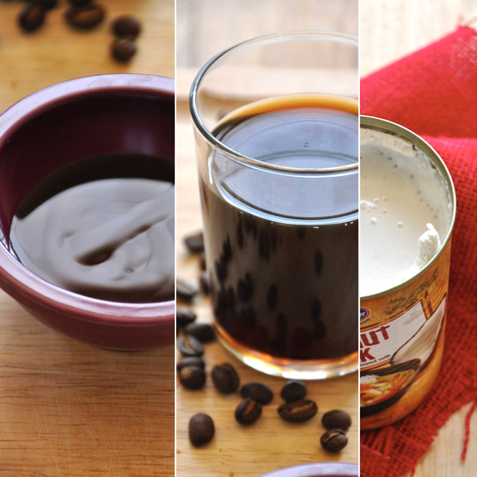 Ingredients for making a delicious homemade Peppermint Mocha Frappe with coconut milk