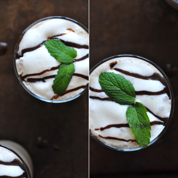 Top down shot of a homemade Peppermint Mocha Frappe made with coconut milk