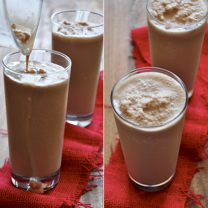 Pouring a batch of our Peppermint Mocha Frappe recipe into tall glasses
