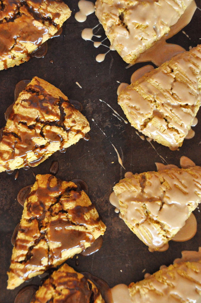 Batch of Pumpkin Scones with half each drizzled with Maple and Molasses Glazes