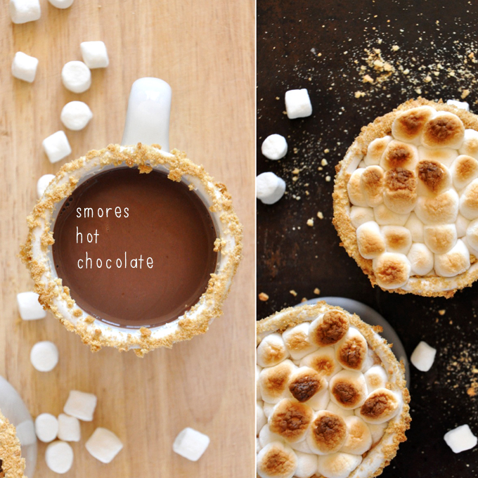 Mugs of homemade S'mores Hot Chocolate shown with and without toasted marshmallows on top