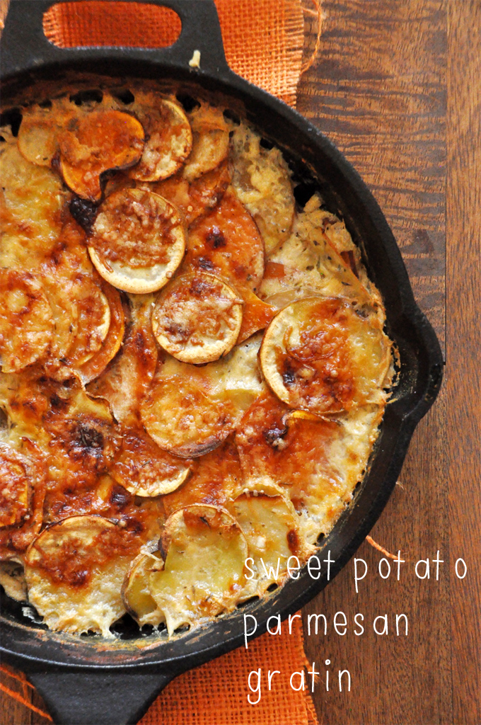 Cast-iron skillet of our delicious Sweet Potato Parmesan Gratin recipe