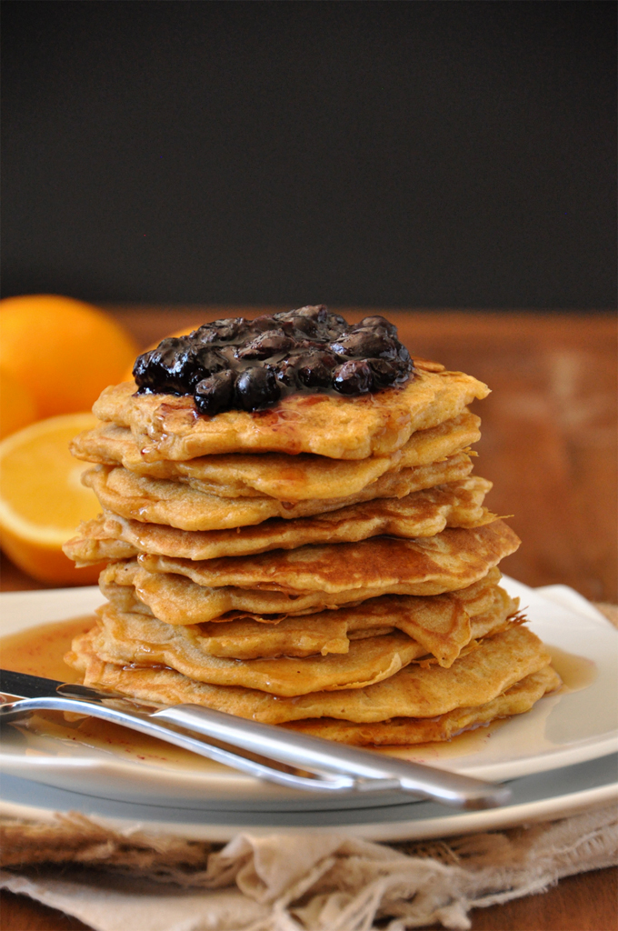 Giant stack of Whole Wheat Griddle Cakes topped with Blueberry Orange Compote