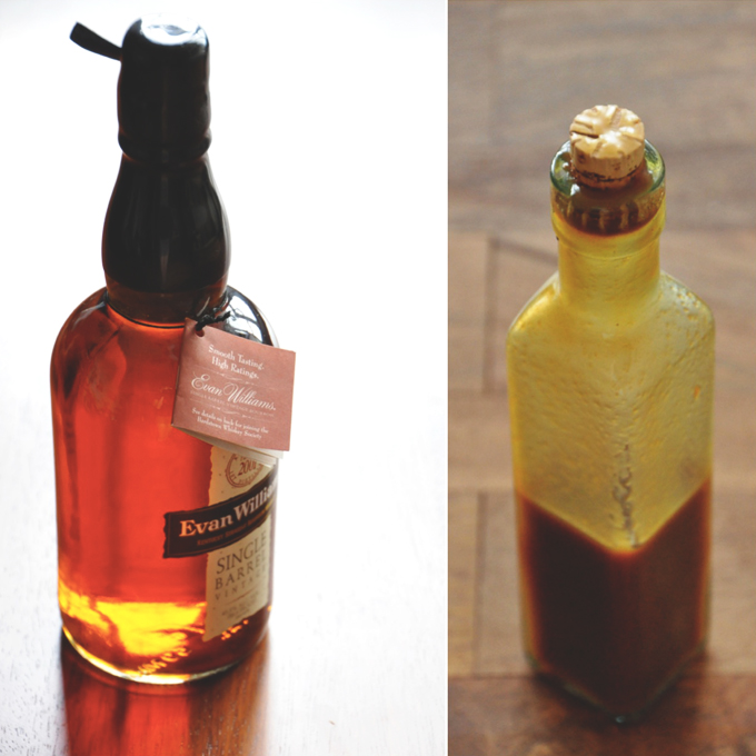 Bourbon Caramel Bottle of bourbon and bottle of caramel sauce made with the bourbon