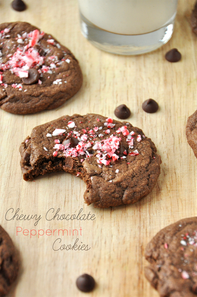 Cutting board with Double Chocolate Peppermint Cookie resting on it for Christmas