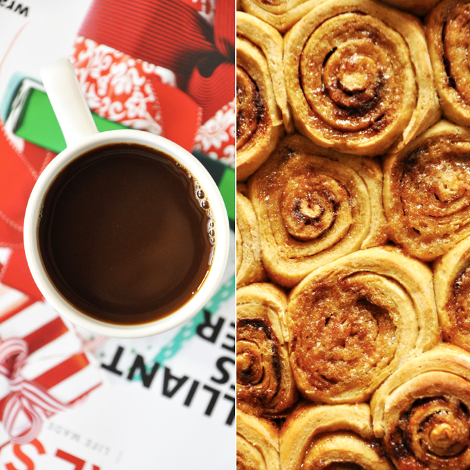 Mug of coffee and batch of Overnight Honey Wheat Cinnamon Rolls