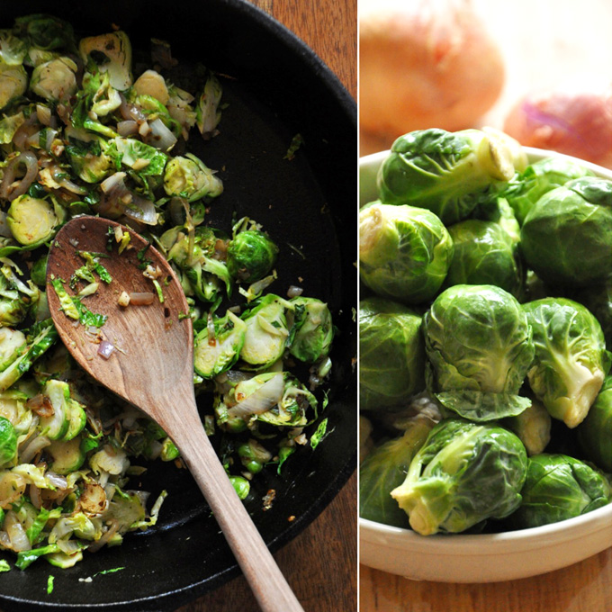 Bowl of Brussels Sprouts alongside a pan for cooking Creamy Brussels Sprout & Shallot Dip