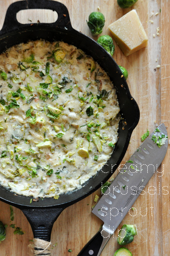 Cast-iron skillet filled with a batch of our Creamy Brussels Sprout & Shallot Dip recipe