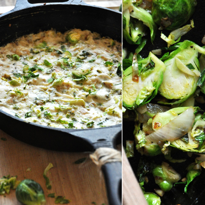 Pan of Creamy Brussels Sprout & Shallot Dip for a delicious crowd-pleasing appetizer