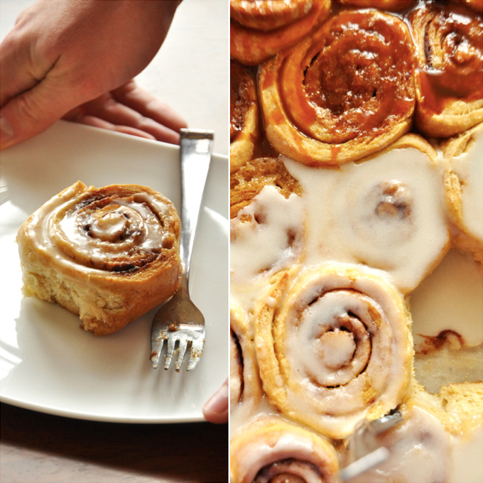 Plate and baking pan filled with Overnight Honey Wheat Cinnamon Rolls