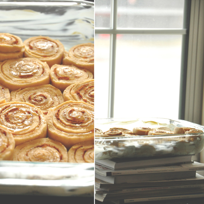 Baking pan filled with a batch of Overnight Honey Wheat Cinnamon Rolls for Christmas morning